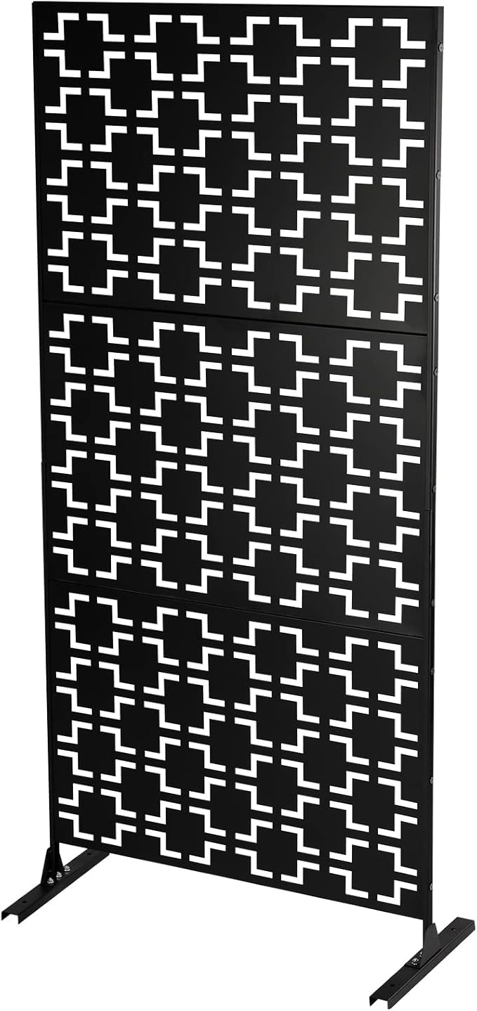 Outdoor Metal Privacy Screen with Stand, 35.4" W x 75" H Freestanding Metal Slatted Decorative Privacy Screen and Panels for Patio Garden Balcony Porch (Black B)
