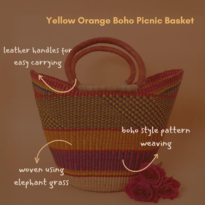Yellow Orange Picnic Basket, Kitchen & Dining Storage, Reusable Grocery Bag, Countertop Fruits Holder, Farmers Market, Beach, Harvesting, Foraging, Decorative, Wicker, Woven, Boho Style