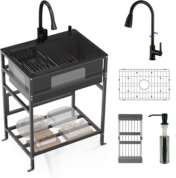 Black utility sink, 25x18 Inch Stainless Steel Freestanding Laundry Sink Practicality With Accessories-Black Faucet,Soap Dispenser, SS Sink Grid, Colander For Laundry,Garage,Outdoor Kitchen,Garden...