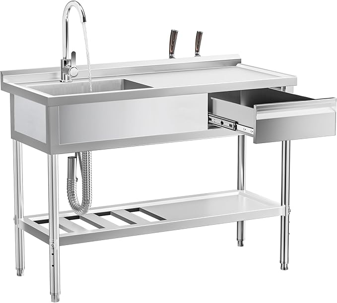 WOEDEN 47" 304 Stainless Steel Utility Sink, Free-Standing Commercial Sink with Workbench, Drawer Storage & Hot/Cold Water Pipes for Laundry, Farmhouse & Outdoor Use
