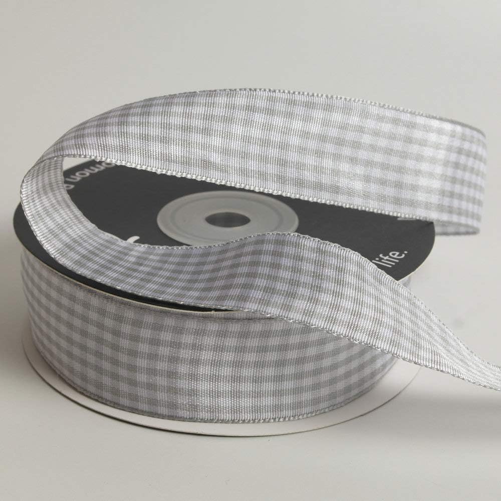 Gingham Ribbon - 25 Yards Each Roll, 100% Polyester (1", Gray Gingham)