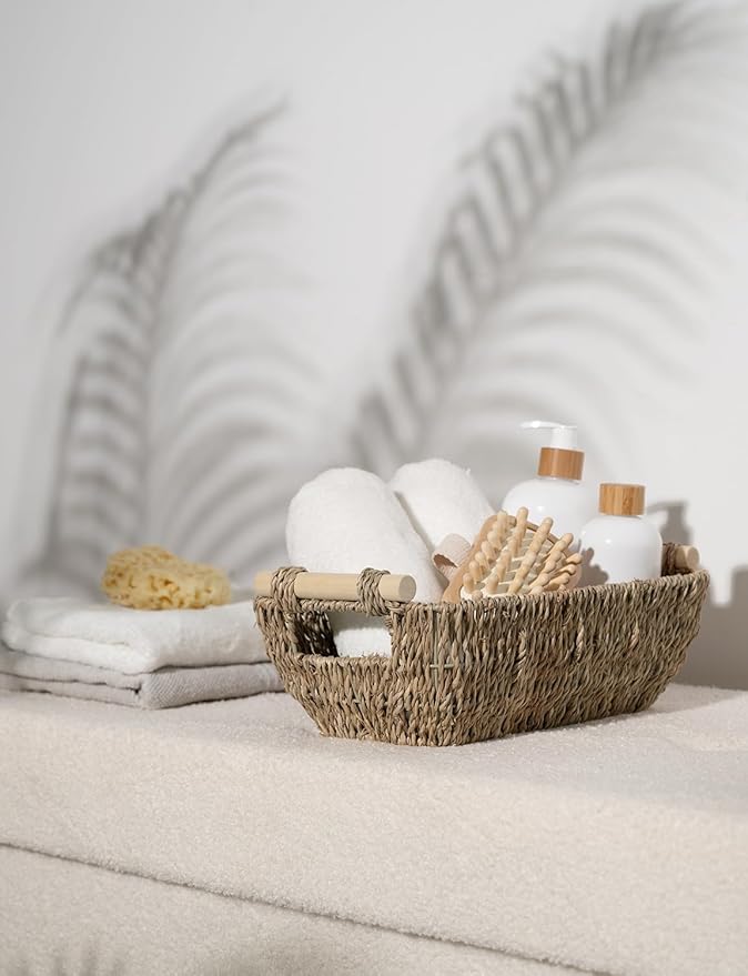 StorageWorks Small Baskets for Shelf, Seagrass Woven Basket with Wooden Handles for Gifts, 2-Pack