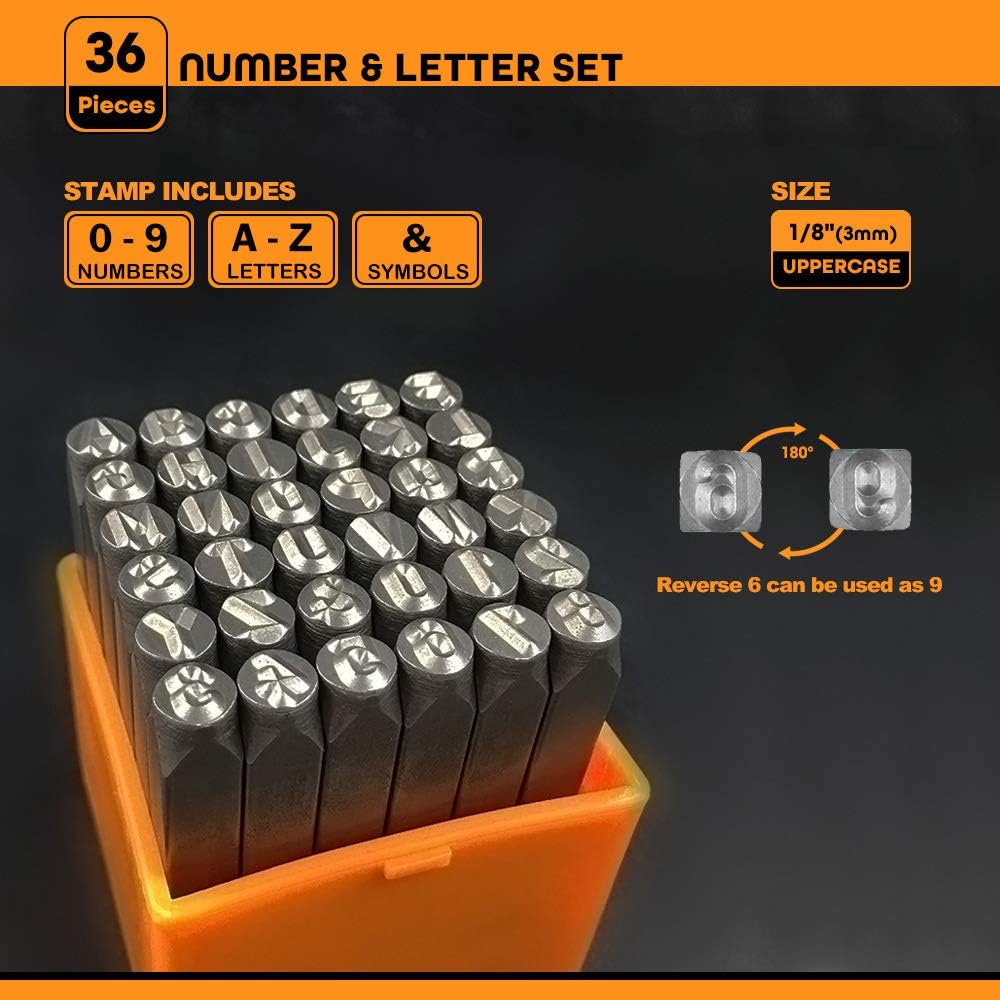 OWDEN Professional 36Pcs. Steel Metal Stamping Tool Set,(1/8”) 3mm,Steel Number and Letter Punch Set,Alloy Steel Made HRC 58-62 for Jewelry Craft Stamping.