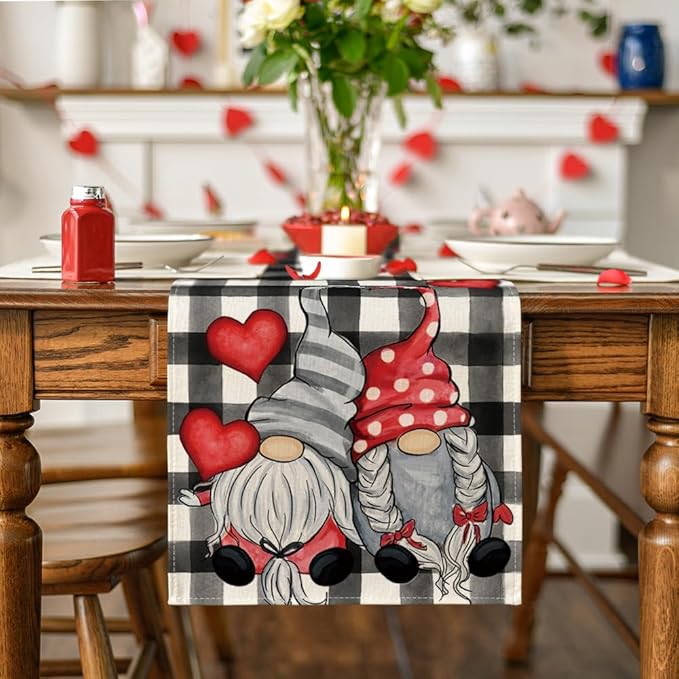 Artoid Mode Watercolor Buffalo Plaid Hearts Gnomes Love Valentine's Table Runner, Seasonal Anniversary Wedding HoliKitchen Dining Table Decoration for Indoor Outdoor Home Decor 13 x 36 Inch