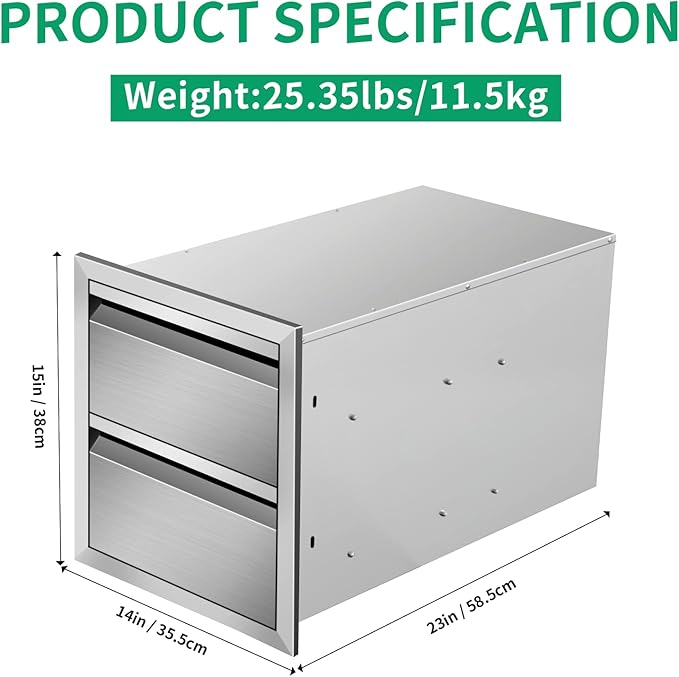 Outdoor Kitchen Drawers 14" W x 15" H x 23" D Stainless Steel Double Drawers with Hidden Handle for BBQ Island, Patio Grill Station & Outdoor Kitchen Cabinets