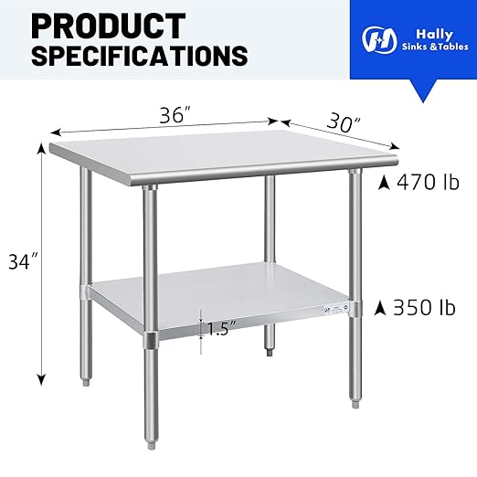 Hally Stainless Steel Table for Prep & Work 30 x 36 Inches, NSF Commercial Heavy Duty Table with Undershelf and Galvanized Legs for Restaurant, Home and Hotel