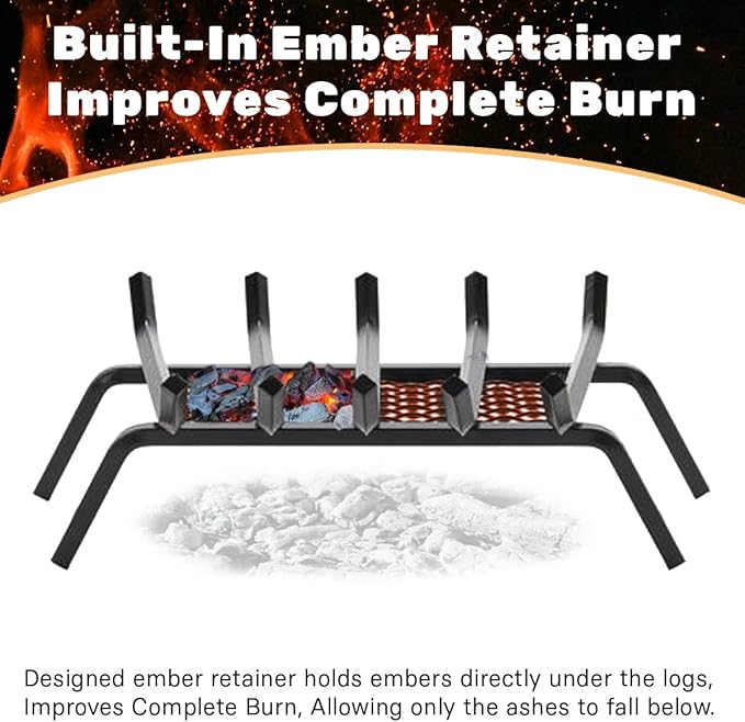 Heavy-Duty Steel Fireplace Grate with Ember Retainer (24 Inch)