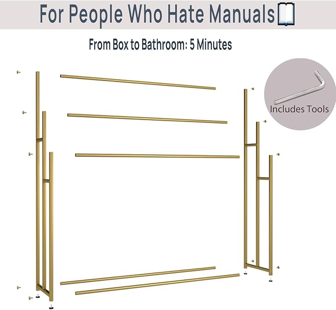 3 Tier Standing Towel Rack - Extra Wide Large Bathroom Towel Stand, Heavy-Duty Metal Towel Drying Rack for Poolside (Golden)