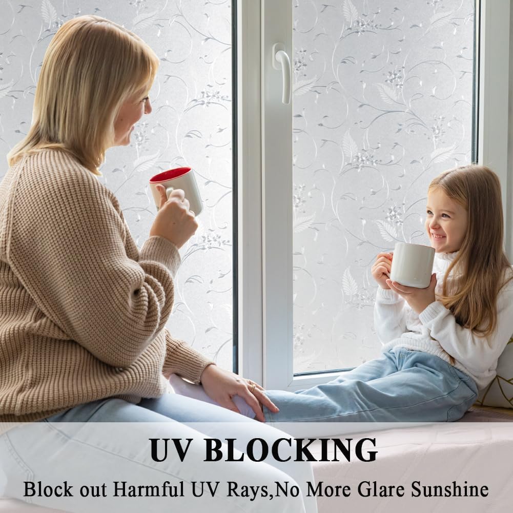 Mikomer Privacy Window Film Etched Flowers Static Cling Glass Door Film, Non Adhesive Heat Control Anti UV Window Cling for Office and Home Decoration,17.5 inches by 118 inches