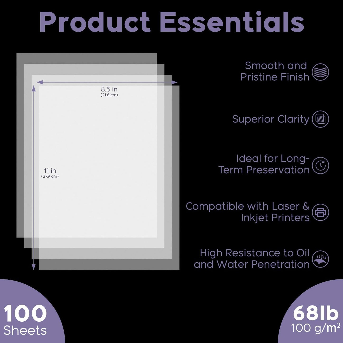 Vellum Paper 8.5 x 11 Translucent Printable, 100 Sheet（100gsm/68lb Vellum Tracing Paper, Translucent Vellum Paper for Invitation, Greeting Cards, Tracing Paper Pad for Drawing, Sketching, Writing