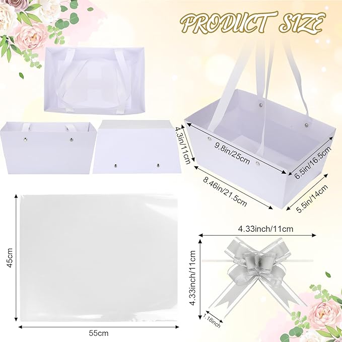 PerKoop 24 Pack Baskets for Gifts Empty Bulk 6.5 x 9.8'' Thick Kraft Gift Basket with Bows and Bags Empty Gift Baskets for Valentine's Day Easter Birthdays Wedding Snacks Farmers Market(White)