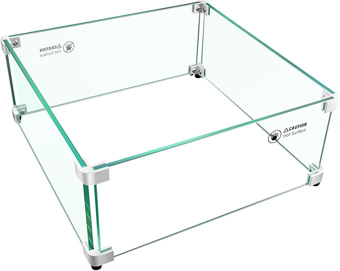 Fire Pit Wind Guard: 17.5" x 17.5" x 7" Square Fire Pit Glass Wind Guard for Outdoor Propane/Natural Gas Fire Pit Table, Thick Tempered Glass and Hard Aluminum Corner Bracket, Easy Assembly