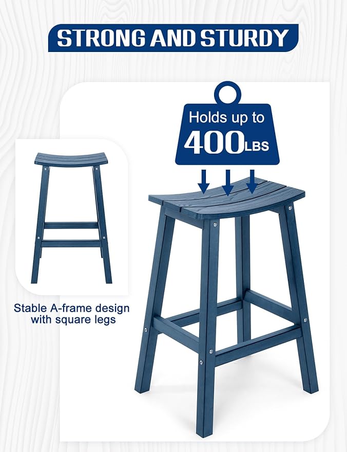 Weatherproof Bar Stools Set of 4, 28" Height Outdoor Bar Stools Holds up to 400 lbs, Saddle Seat, Bar Height Stools for Patio, Garden, and Kitchen Island, Blue