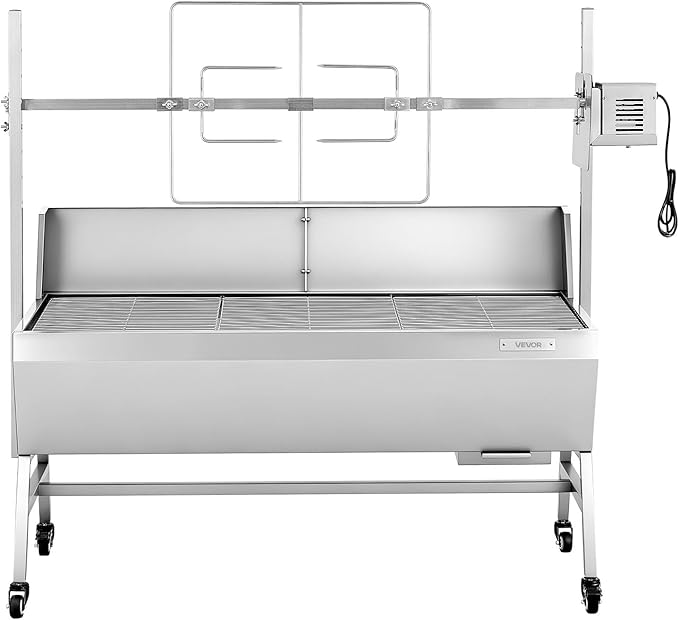 VEVOR Rotisserie Grill, 46in BBQ Outdoor Pig & Lamb Spit Roaster, Charcoal Spit Roaster with 132 LBS Capacity, Wheels, 4-Level Height, Stainless Steel Electric Rotisserie Grill Kit for Camping Outdoor