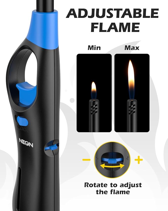 NEON Lighter, Refillable Butane Candle Lighter, 4 Pack Multi-Purpose Reusable Lighters with Long Metal Wand and Adjustable Soft Flame for BBQ, Grill, Stove, Camping, Hiking, Fireplaces, Kitchen