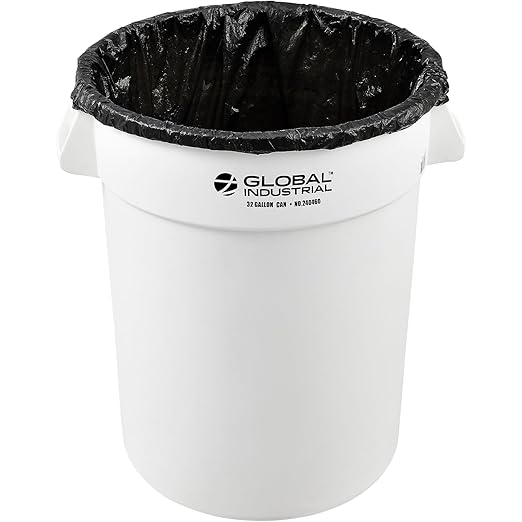 Global Industrial Commercial Round Trash Can, 32 Gallon Capacity, Plastic Garbage Can, Indoor and Outdoor Utility Trash Can, White, 21-3/4"W x 27-1/2"H, No Lid