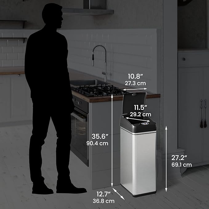 iTouchless 50 Liter / 13 Gallon Kitchen Trash Can with Lid & Odor Filter – Motion Sensor Stainless Steel Garbage Bin for Home, Office, or Garage – Slim, Large Capacity Design