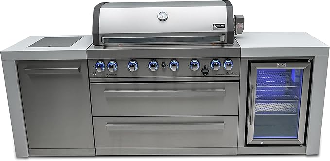 Mont Alpi 805 MAi805-DFC 115000 BTU Stainless Steel Deluxe Modular Outdoor Kitchen Island BBQ Grill with Fridge Cabinet + Infrared Rear & Side Burner + Granite Countertops + Rotisserie Kit & Cover