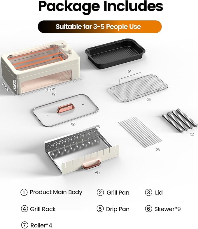 4-in-1 Electric Indoor Grill Smokeless for Home,Countertop Electric Grill with Removable Sizzle Grill Pan & Grate + Auto Rotating Kabob Skewers + Electric Hot Dog Roller Dual Zone Cooking with Lid