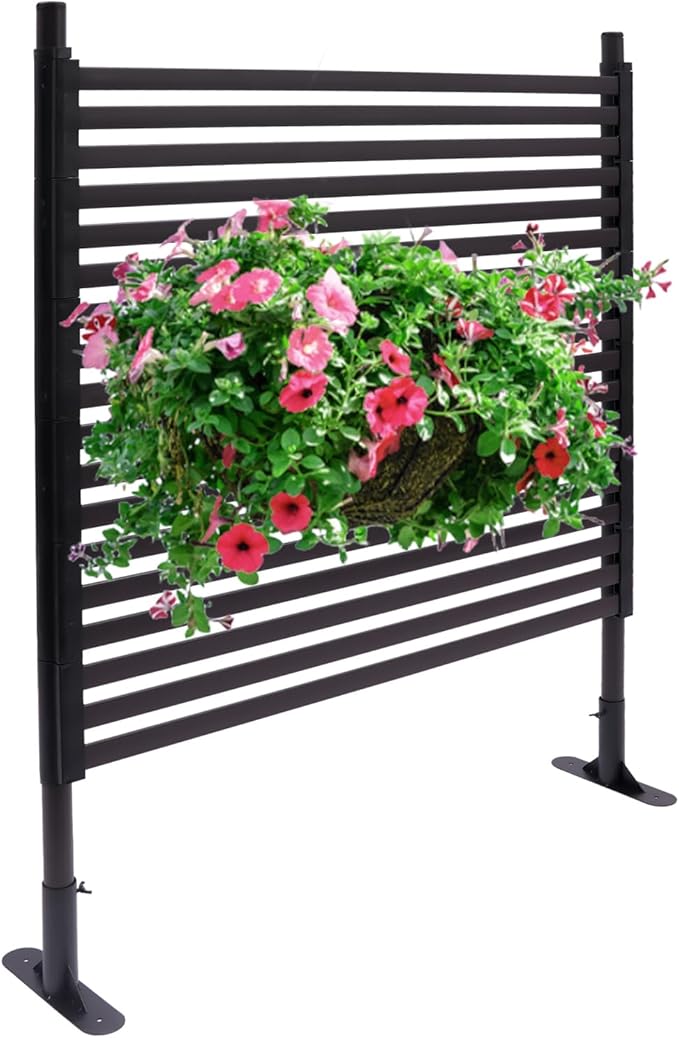 Outdoor Freestanding Privacy Screens, 35.4" W x 47" H Metal Slatted Decorative Panels with Stand, Brown Backyard Privacy Panels for Garden Patio