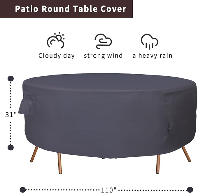Round Patio Furniture Cover, Heavy Duty and Waterproof for Outdoor Furniture covers, Round outdoor table cover, Patio table cover 110"DIA x 31"H Black