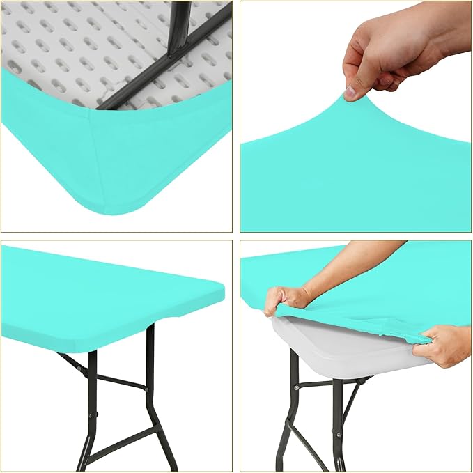 10 Pack Fitted Tablecloth for 8 Foot Rectangle Tables, Aqua Blue Elastic Outdoor Picnic Table Cover, Washable Stretch Folding Table Cloths 8 ft for Camping Party Patio Kitchen Banquet, 30" W x 96" L