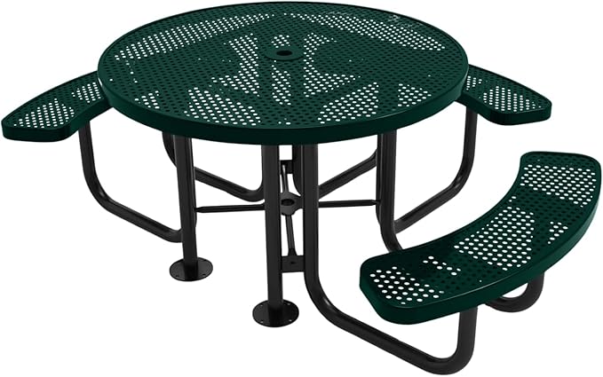 COATEDOUTDOORFURNITURE Heavy-Duty Portable Outdoor Picnic Table with Umbrella Hole, Punched Steel Patio Dining Furniture Made in America (46" Round Top, Dark Green)