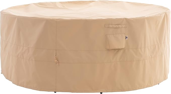 WJ-X3 Round Patio Furniture Cover, 62" D x 31" H, Waterproof, UV Resistant, Anti-Fading Outdoor Cover for Round Dining Table and Chairs Set, Beige