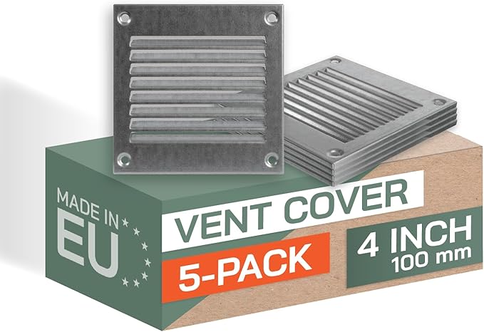 Vent Systems 4'' x 4'' Inch (Overall Dimensions) Pack of 5 - Galvanized Air Vent Cover - Metal Air Return Grill with Built in Guard Screen - HVAC Ducting Vent Duct Cover for Interior, Exterior Use