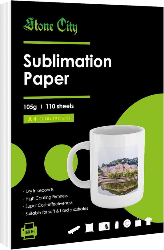 Stone City Sublimation Paper 8.3x11.7 Inch 110 Sheets 105g for Heat Transfer Light Fabric, T Shirt, Mug, Tumbler, Compatible with Inkjet Printer with Sublimation Ink