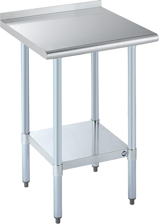 ROCKPOINT Stainless Steel Table for Prep & Work with Backsplash 24x24 Inches, NSF Metal Commercial Kitchen Heavy Duty Table with Adjustable Under Shelf and Table Foot for Restaurant, Home and Hotel