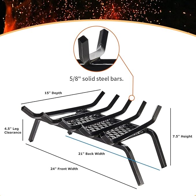 Heavy-Duty Steel Fireplace Grate with Ember Retainer (24 Inch)