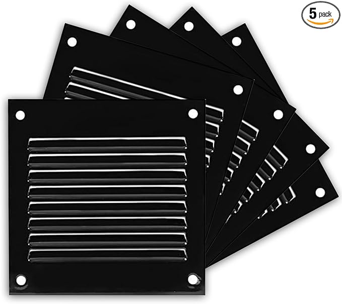 Repa Market 5-Pack 4x4 Inch Air Vent Cover/Black Galvanized Steel Louvered Grill Cover with Mesh Screen/Wall or Ceiling Vent/Durable Flush Mount HVAC Register for Indoor and Outdoor Ventilation