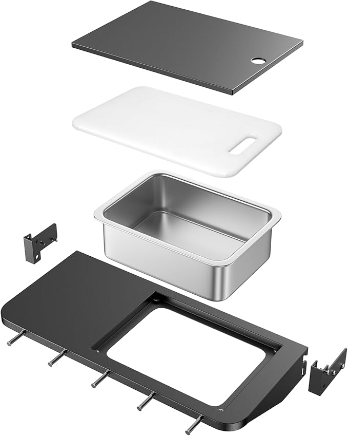 Upgraded Folding Front Shelf Accessories for Traeger Pro 22, Pro 575, Ironwood 650, BAC362, All-in-One Grill Table with Works Cutting Board,Basin,5 Hooks, Steel Grill Accessory for Food Prep & Storage