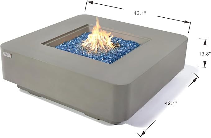 Elementi+ | Lucerne Gas Fire Pit Cast Concrete 42" Square Fire Table, Outdoor Fire Pit Electronic Ignition | Canvas Cover, Fire Glass and Burner Lid Included | Light Gray | Propane Gas