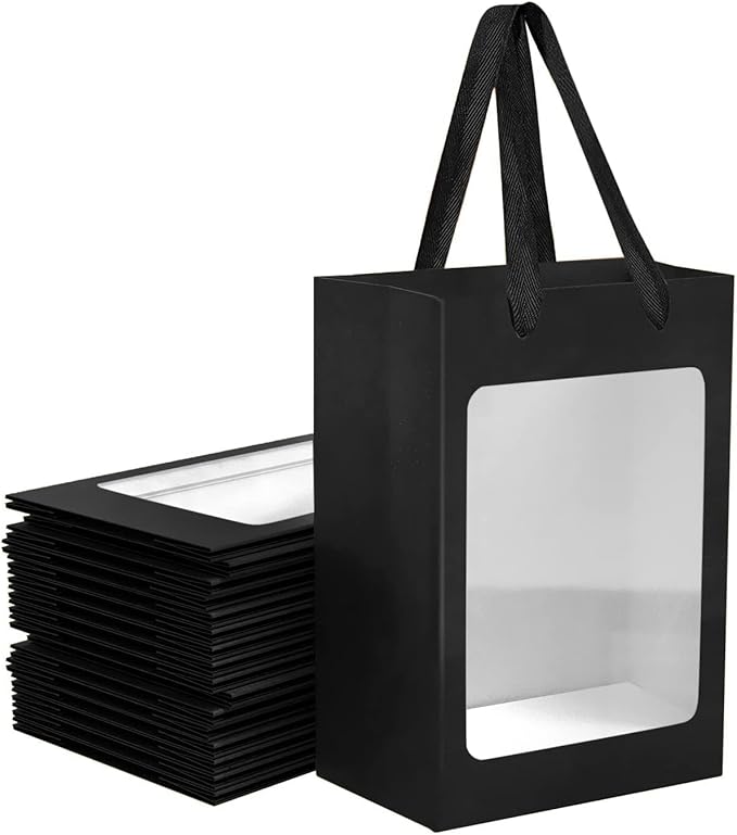 40 Pcs Black Paper Gift Bags with Transparent Window, 9.84"x7.0"x5.12" Kraft Shopping Bags with Handles for Bouquet Christmas Birthdays Festivals Party Weddings Wrapping