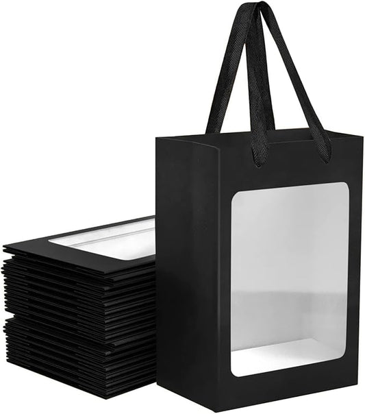 BallHull 24 Pcs Black Kraft Paper Gift Bags with Transparent Window, 9.84"x7.0"x5.12" Kraft Shopping Bags with Handles for Bouquet Christmas Birthdays Festivals Party Weddings Wrapping