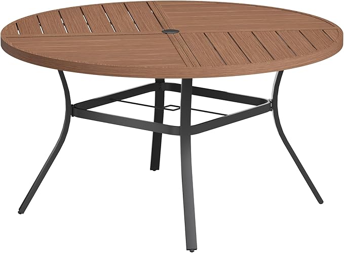 VICLLAX Round Patio Table with Adjustable Umbrella Hole for 6, All Weather Metal Outdoor Dining Table for Lawn Garden, 50" Outdoor Coffee Table, Walnut Wood-Like Tabletop