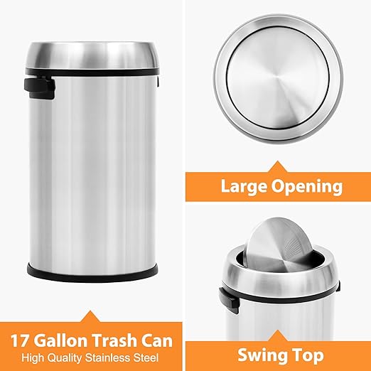 GarveeHome 17 gal/65 L Swing Top Trash Can, Stainless Steel Rubbish Bin, Commercial Grade Waste Container, Round Garbage Can for Outdoor, Home Office, Restaurant, Silver