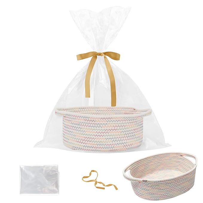 Gift Basket with Gift Bag and Ribbons,Small Rope Woven Shelf Storage,Baskets for Gifts Empty,Birthday,Baby Shower,Decorative Organizer Box with Handles(Colorful Thread)
