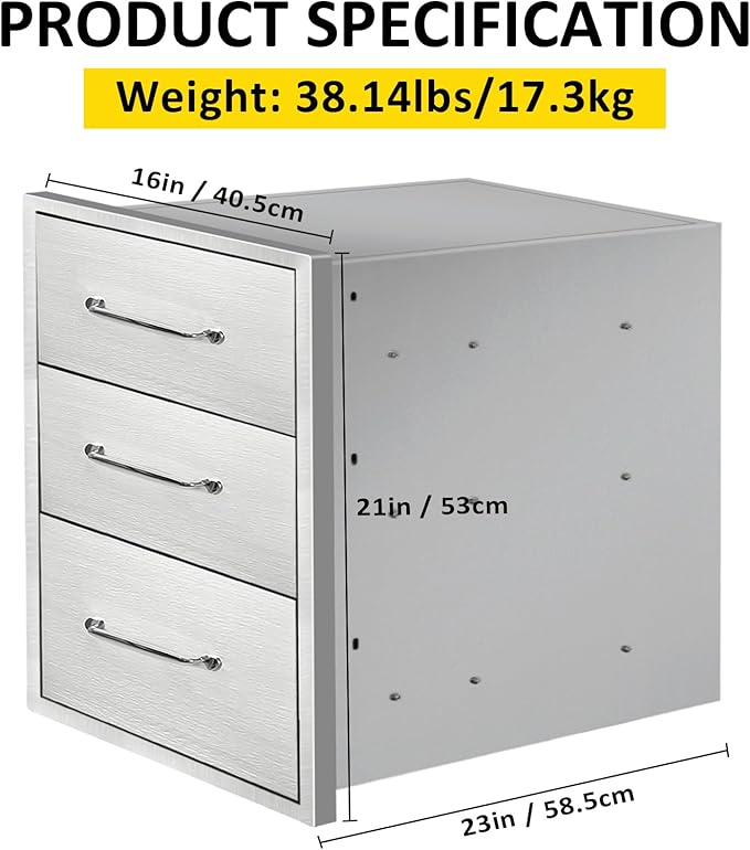 Outdoor Kitchen Drawers 16" W x 21" H x 23" D Flush Mount Triple BBQ Drawers with Chrome Handle Stainless Steel Drawer for Outdoor Kitchen Island, Patio Grill Station