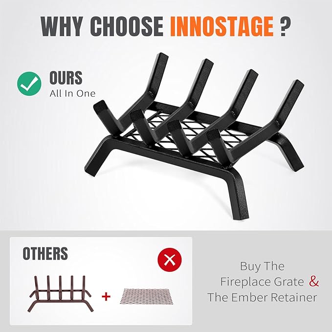 Fireplace Grates with Ember Retainer - 14 Inch Fireplace Log Grate, Wood Stove Grate, Firewood Wood Log Holder Rack,Inside Wrought Cast Iron Fire Grate for Hearth Indoor Outdoor Camping