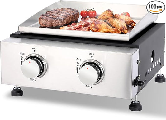 2-Burner Portable Tabletop Gas Griddle Grill with Stainless Steel Cooking Surface - Includes Protective Cover & Regulator, for Camping, Tailgating, Outdoor Cooking