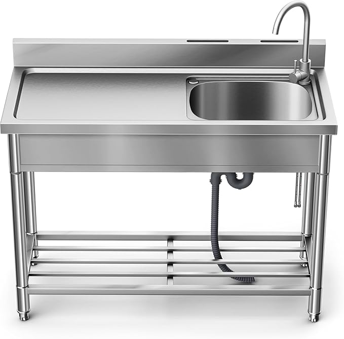 Stainless Steel Sink, Free Standing Kitchen Sink with Countertop Workstation, Utility Sink Single Bowl with Cold and Hot Water Pipe for Kitch Laundry Room Garage Farmhouse Indoor Outdoor (39 Inch)
