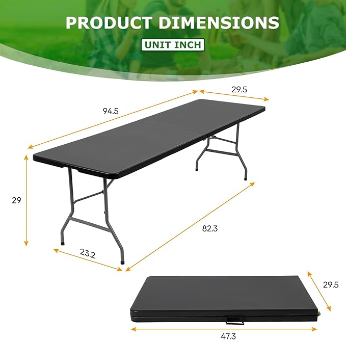BestOffice 8 FT Picnic Table Folding Table Camping Plastic Table Fold Up Table Lock for Party Event, Black