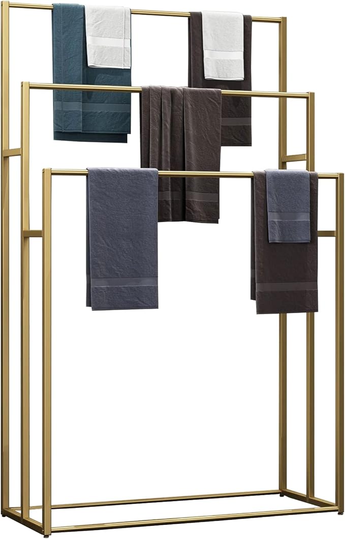 3 Tier Standing Towel Rack - Extra Wide Large Bathroom Towel Stand, Heavy-Duty Metal Towel Drying Rack for Poolside (Golden)