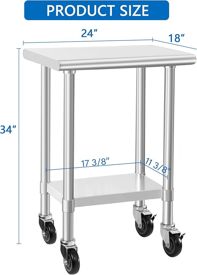 HARDURA Stainless Steel Commercial Table Prep & Work Table with Casters Heavy Duty Metal Table with Wheels NSF 430 18×24 Inches