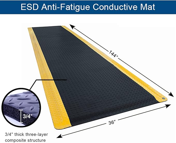 3' x 12' ESD Anti-Fatigue Conductive Mat, Durable Heavy Duty Diamond Plate, Soft Sponge Ergonomic Mat, Non Slip Waterproof Floor Mats for Commercial&Industrial Work Thick 3/4” Black with Yellow Border