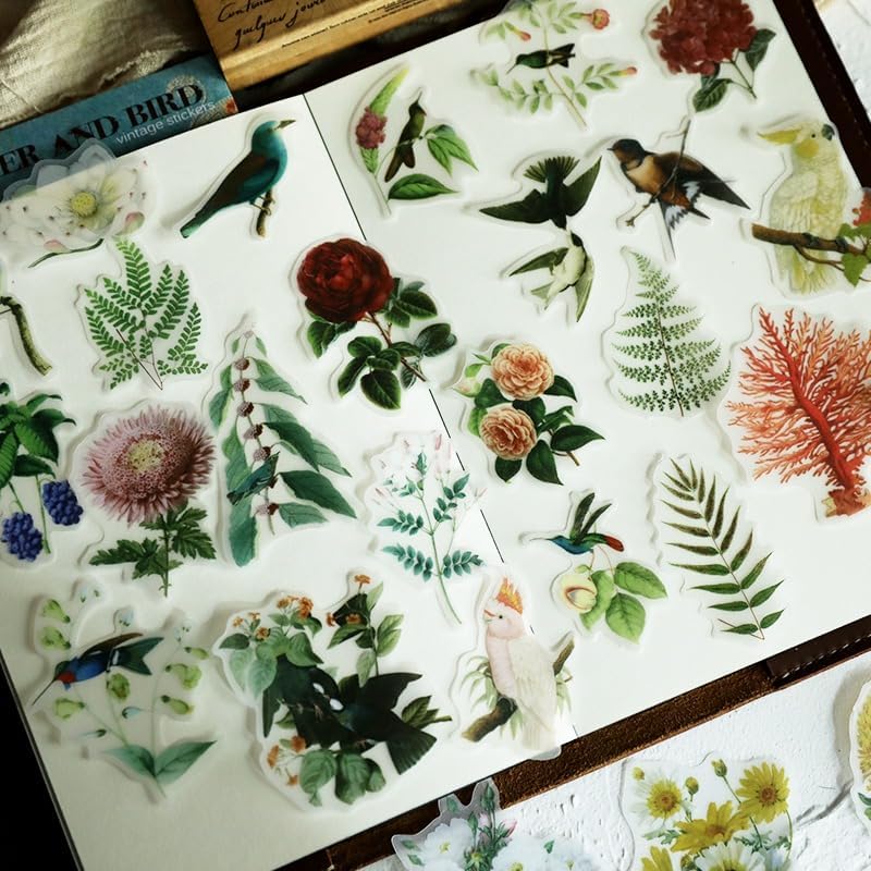 Vintage Vellum Stickers Floral Plants Elements Scrapbooking Supplies Flowers Botanic Natural Translucent Paper Self-Adhesive Junk-Journal Items (Bird Patterns)