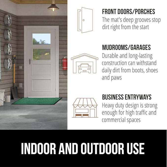 GORILLA GRIP Waterproof Traffic Guard Door Mat, 35x23, Heavy Duty Entryway Mats, Strong Rubber Back Commercial Utility Rugs for Office Hallway, Garage Floor and Home, Low Profile Carpet Runner, Green